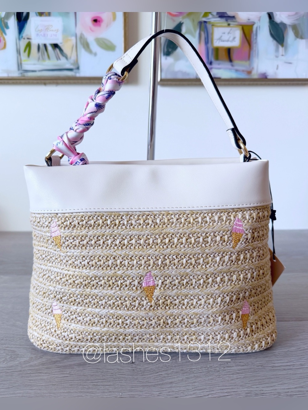 BCBGeneration Straw Crossbody Satchel with Ice Cream Cones and Scarf - Picture 2 of 8